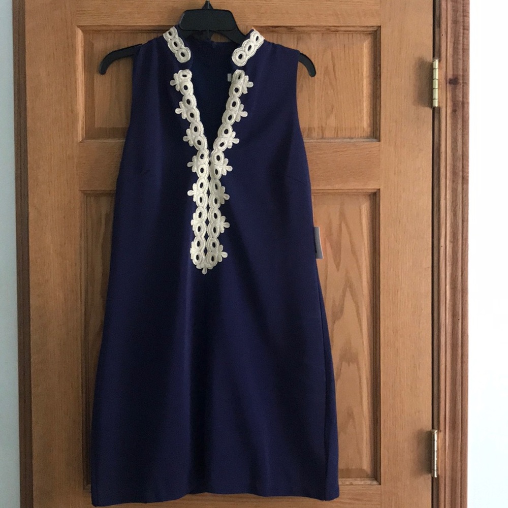 NWT royal blue dress with cream/gold appliqué.